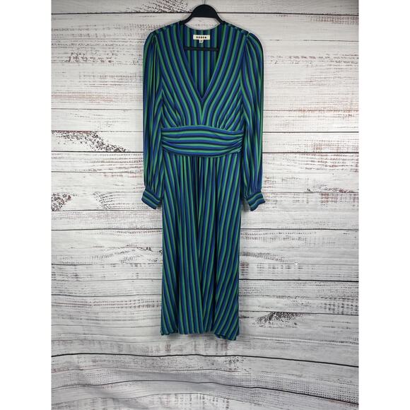 Boden Dresses & Skirts - Boden Dress Womens 8 Blue Green Striped V Neck Long Sleeve Midi Fit Flare Jersey